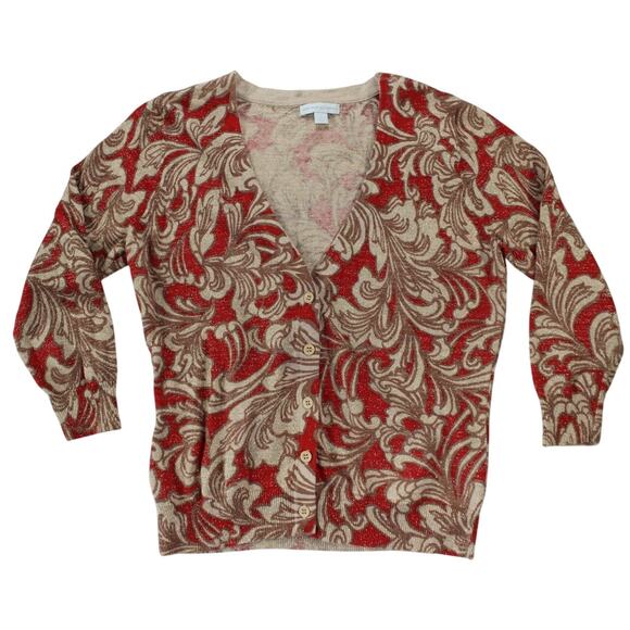 New York & Company Red Gold Metallic Baroque Cardigan Sweater Size L - Picture 1 of 6
